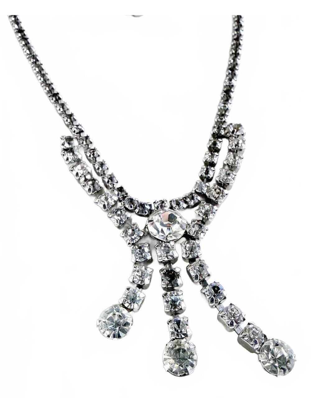 Vintage LA Roco Rhinestone Y Drop Bridal Statement Necklace Sparkle - Picture 3 of 9